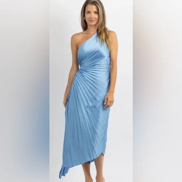 light blue asymmetrical dress Light Blue Ruched Mesh One Shoulder Asymmetric Maternity Dress – PinkBlush main image 1